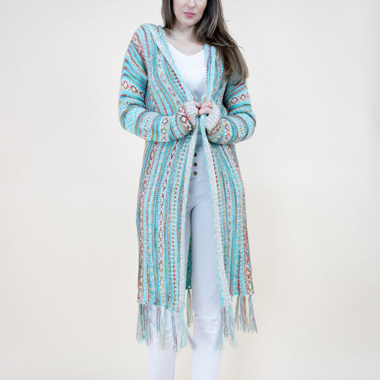 Tribal Stripe Pattern Hoodie Fringed Long Cardigan FP64088 (2PC)