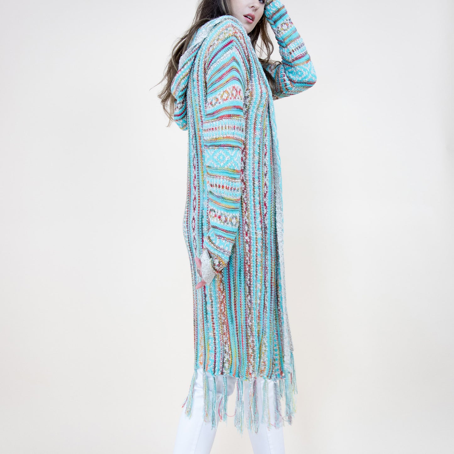 Tribal Stripe Pattern Hoodie Fringed Long Cardigan FP64088 (2PC)