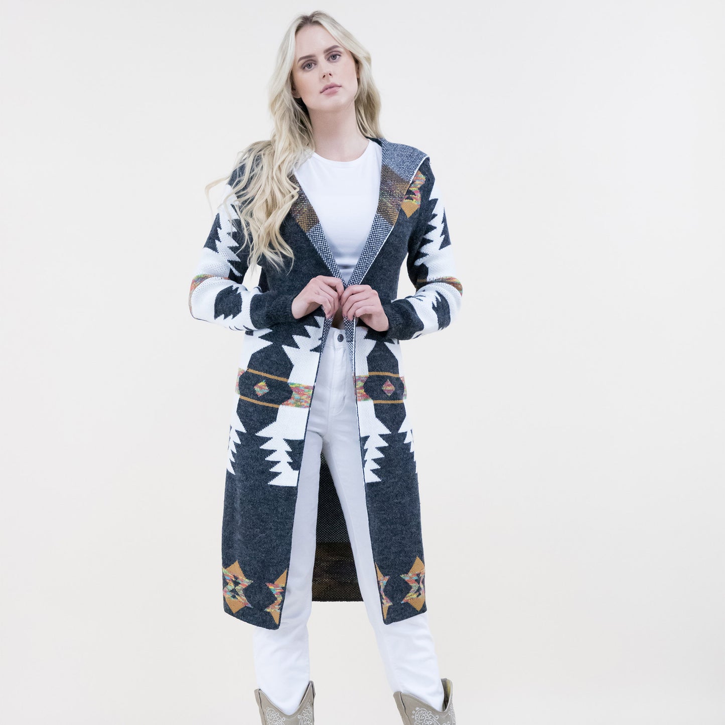 Aztec Print Hoodie Long Cardigan FP64100 (2PC)