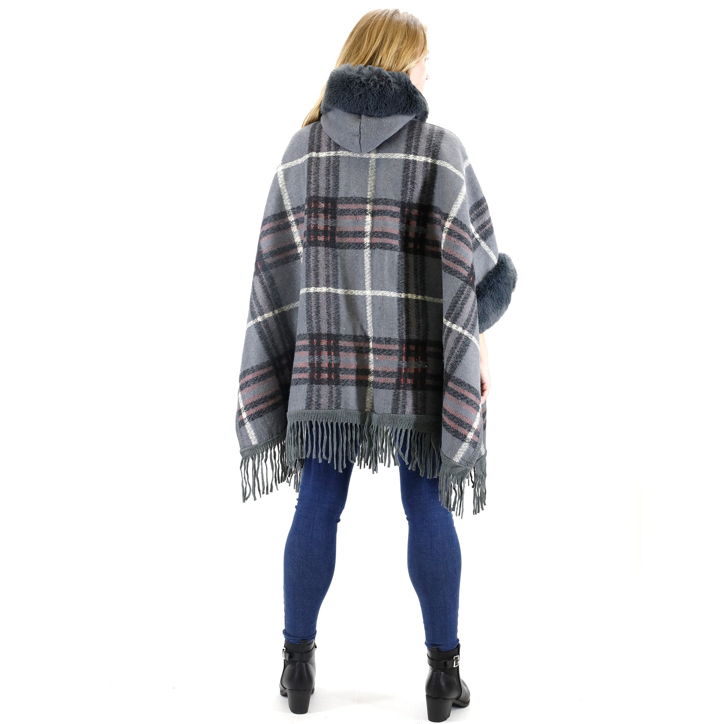 FAUX FUR PLAID PATTERN HOODIE SHAWL P3805 (3PC)