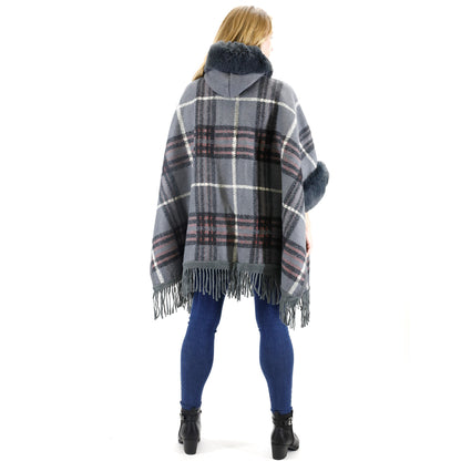 FAUX FUR PLAID PATTERN HOODIE SHAWL P3805 (3PC)