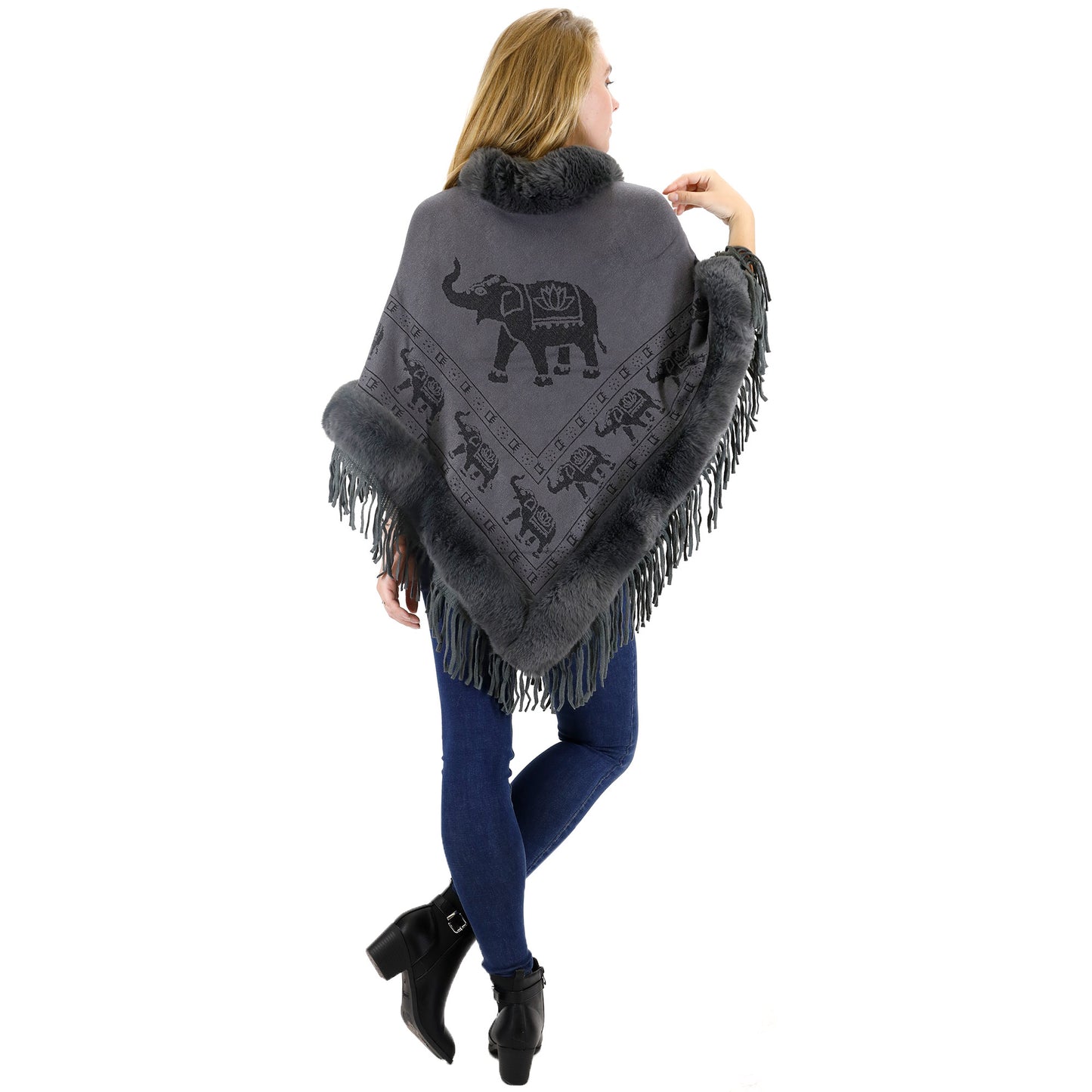 Elephant Pattern Fur Fringed Poncho P191 (12PC)