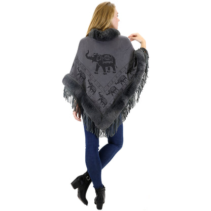 Elephant Pattern Fur Fringed Poncho P191 (12PC)