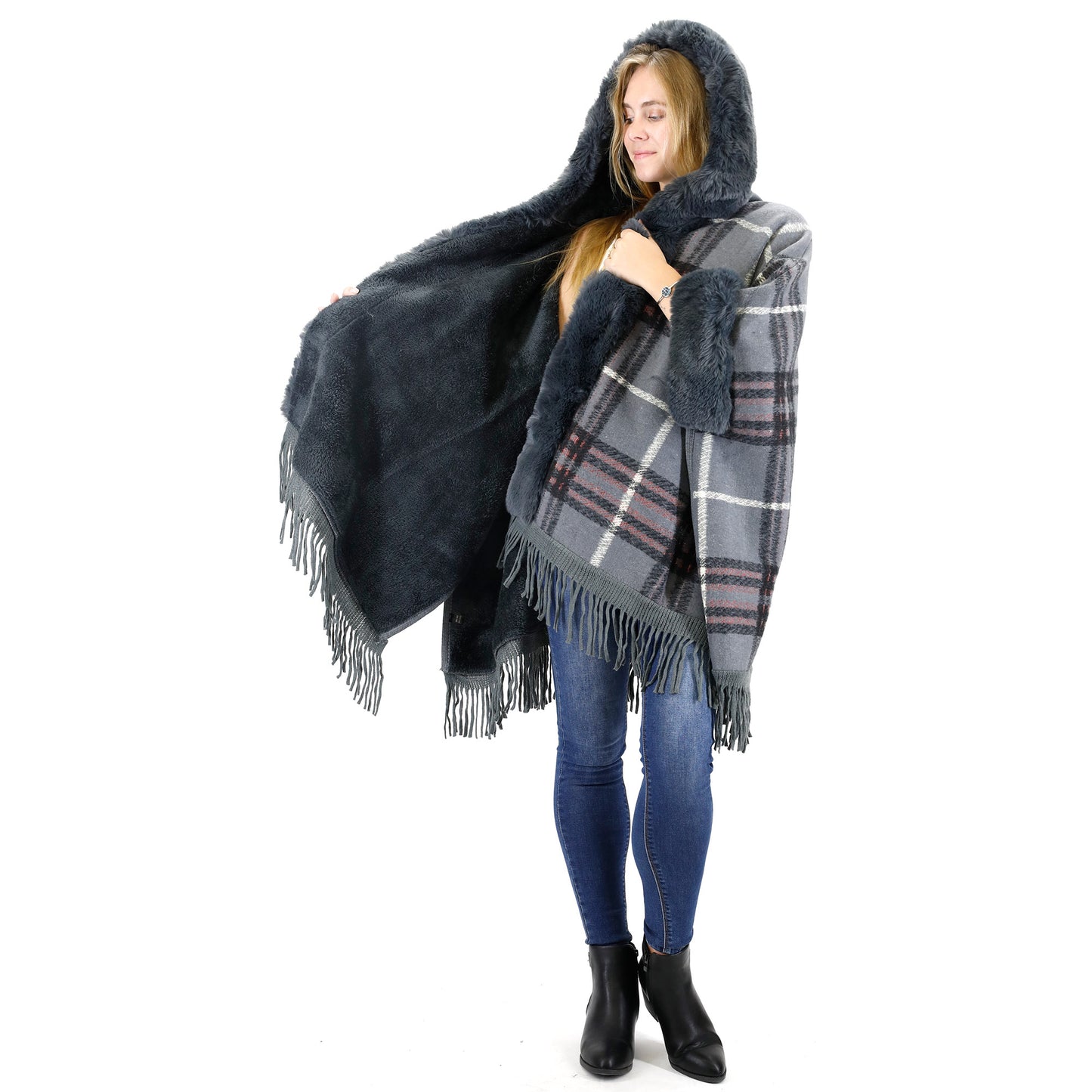 FAUX FUR PLAID PATTERN HOODIE SHAWL P3805 (3PC)