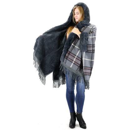 FAUX FUR PLAID PATTERN HOODIE SHAWL P3805 (3PC)