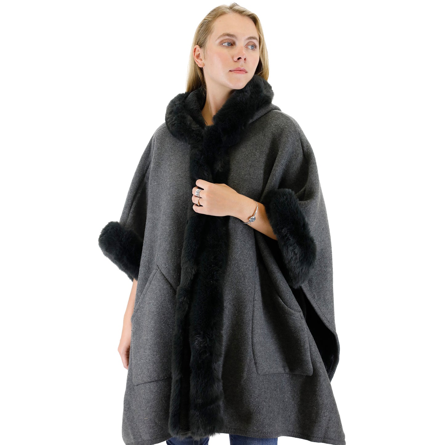FUR POCKET HOODIE SHAWL P4028 (3PC)