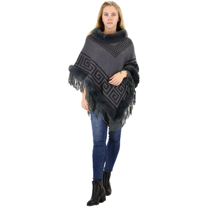 Monogram Pattern Fur Fringed Poncho P195 (12PC)