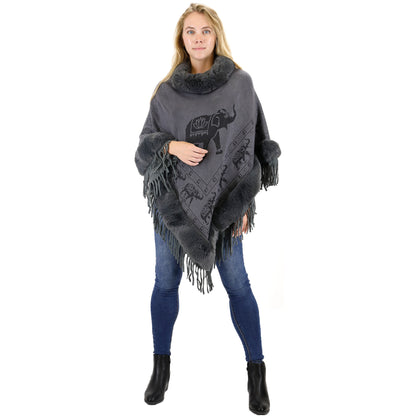 Elephant Pattern Fur Fringed Poncho P191 (12PC)