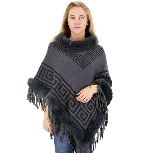 Monogram Pattern Fur Fringed Poncho P195 (12PC)