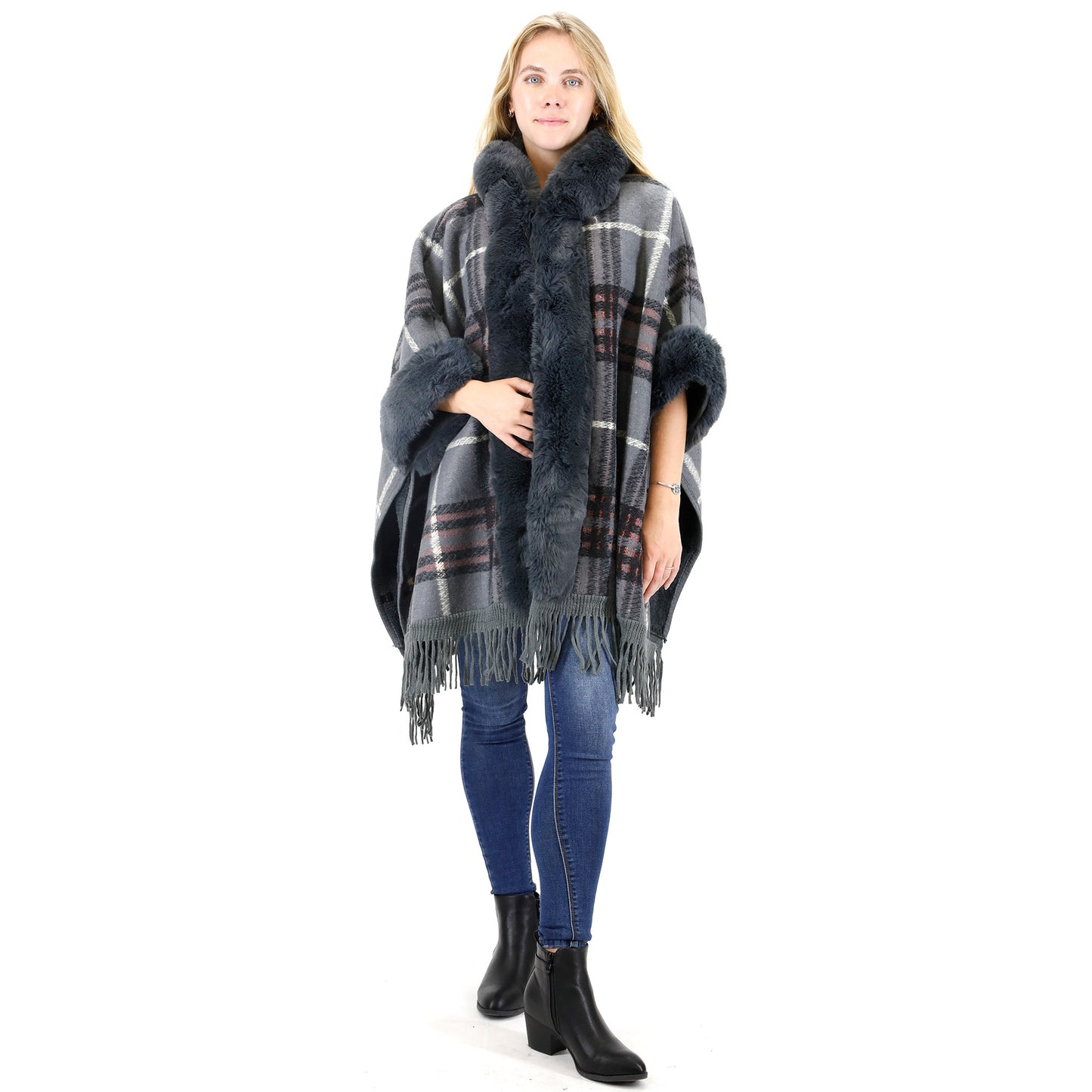 FAUX FUR PLAID PATTERN HOODIE SHAWL P3805 (3PC)