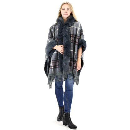FAUX FUR PLAID PATTERN HOODIE SHAWL P3805 (3PC)