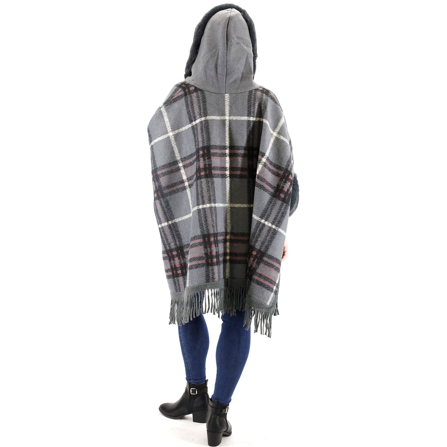 FAUX FUR PLAID PATTERN HOODIE SHAWL P3805 (3PC)