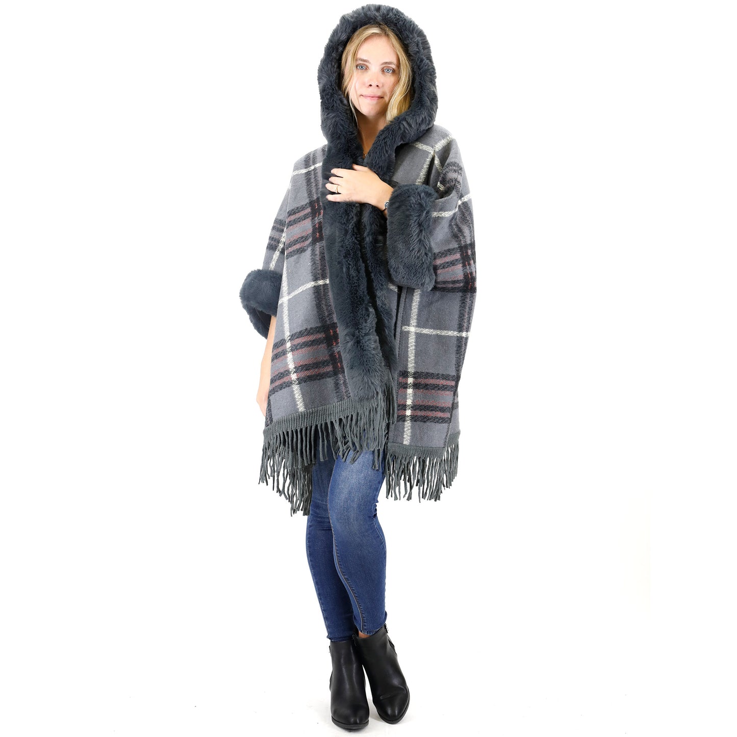 FAUX FUR PLAID PATTERN HOODIE SHAWL P3805 (3PC)
