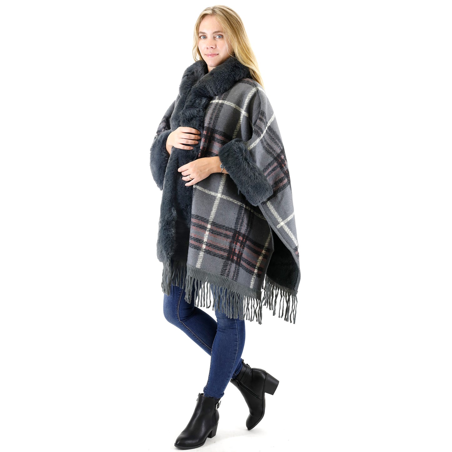 FAUX FUR PLAID PATTERN HOODIE SHAWL P3805 (3PC)