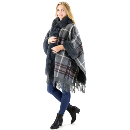 FAUX FUR PLAID PATTERN HOODIE SHAWL P3805 (3PC)