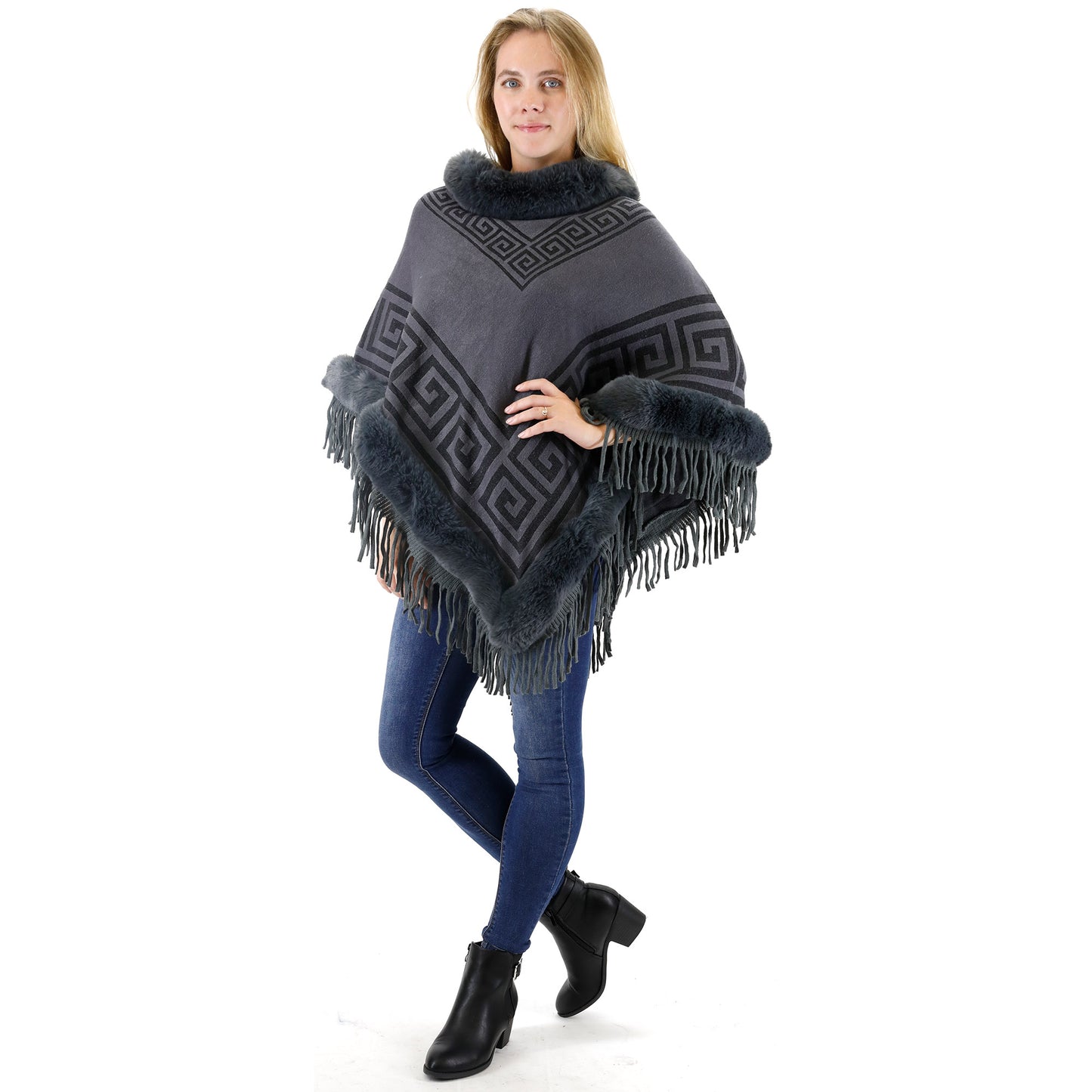 Monogram Pattern Fur Fringed Poncho P195 (12PC)