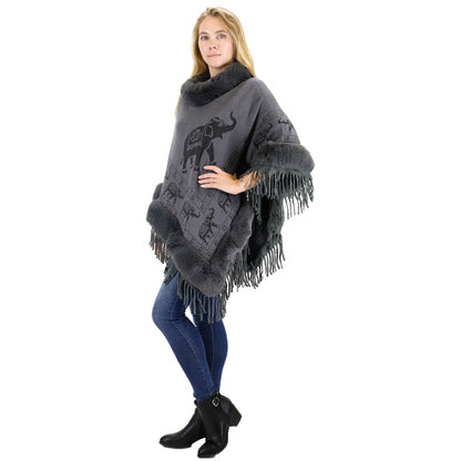Elephant Pattern Fur Fringed Poncho P191 (12PC)