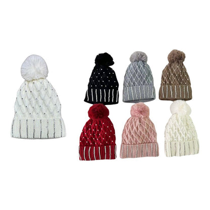 Pom Pom Knitted Beanie With Rhinestone HA4727-8 (12PC)