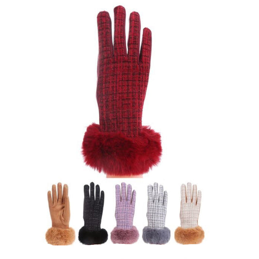 Women's Fur Check Pattern Touch Screen Gloves GL184 (12PAIR)