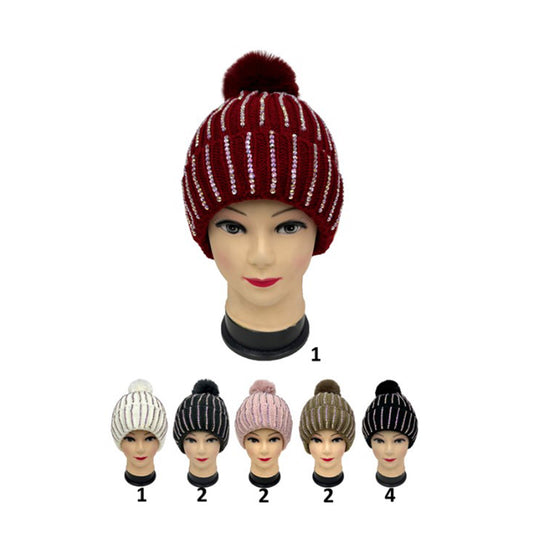Pom Pom Rhinestone Decor Beanie H20-44 (12PC)