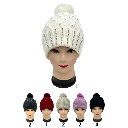 Pom Pom Rhinestone Decor Beanie H20-45 (12PC)