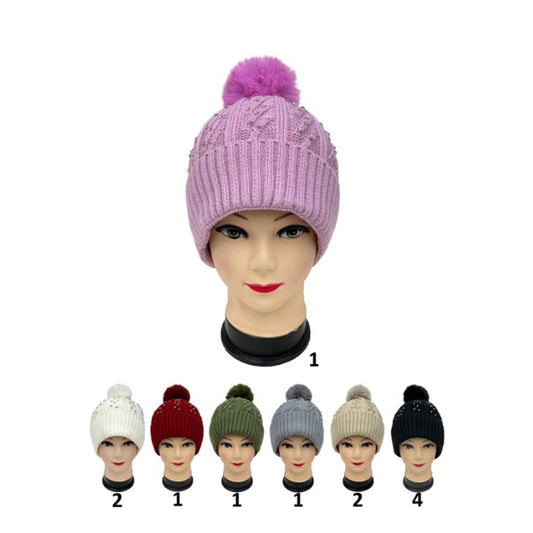 Pom Pom Rhinestone Decor Beanie H20-47 (12PC)