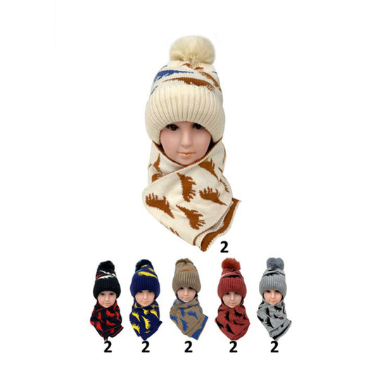 Kids Pom Pom Dinosaur Knitted Beanie Scarf Set H201-9 (12PC)