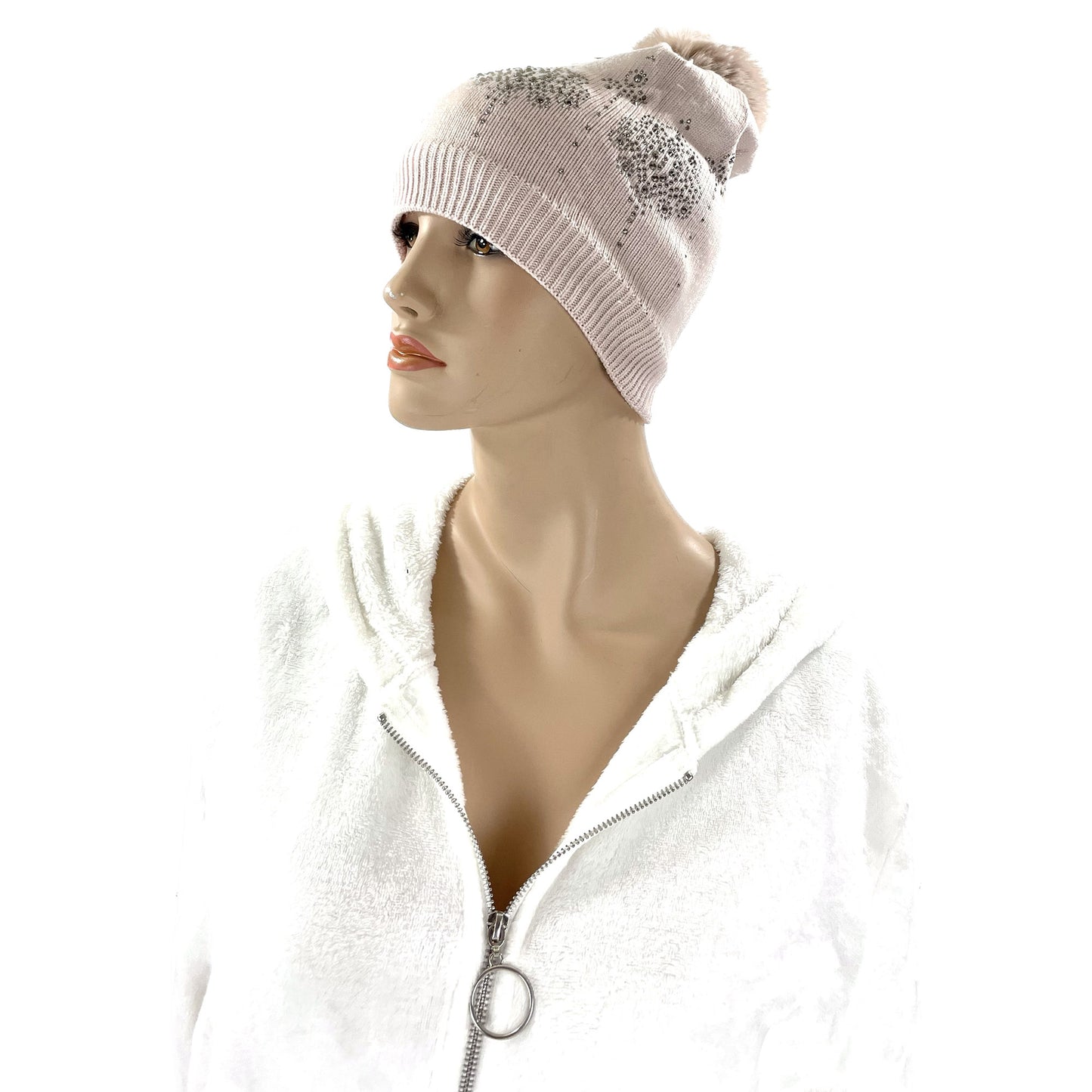 Pom Pom Rhinestone Decor Beanie H22-3. (12PC)