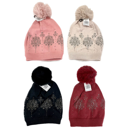 Pom Pom Rhinestone Decor Beanie H22-3. (12PC)