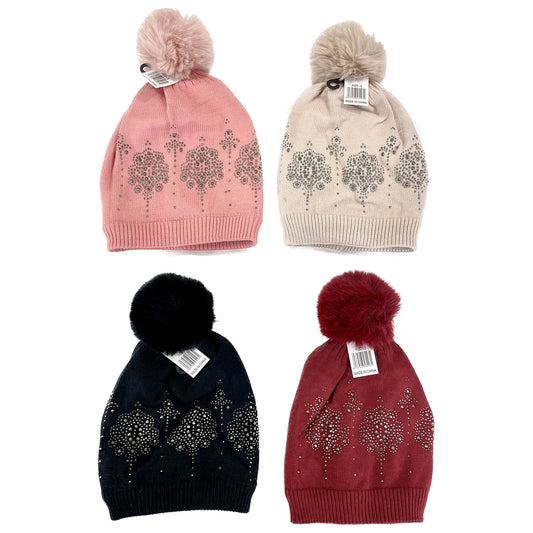 Pom Pom Rhinestone Decor Beanie H22-3. (12PC)