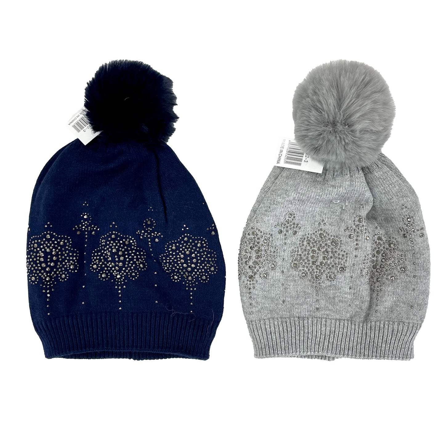 Pom Pom Rhinestone Decor Beanie H22-3. (12PC)