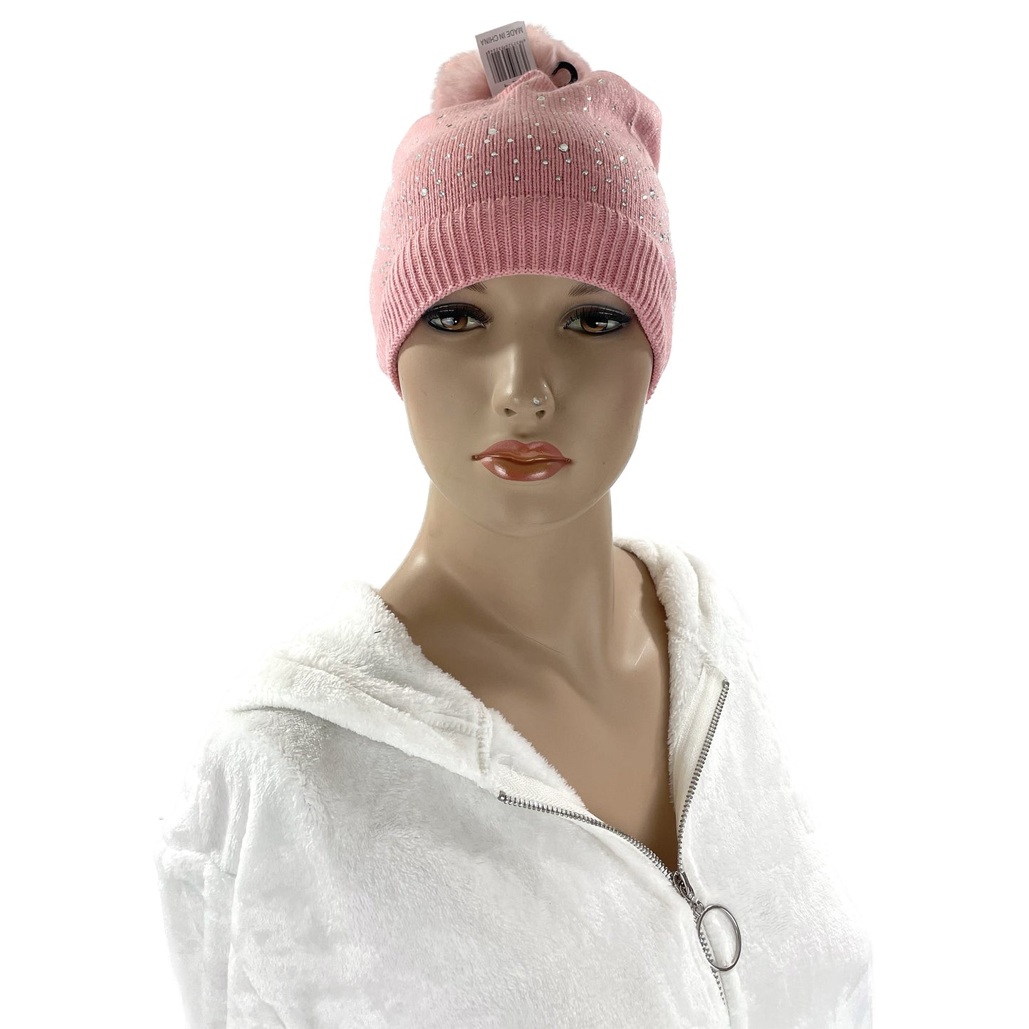 Pom Pom Rhinestone Decor Beanie H22-4. (12PC)
