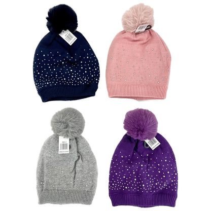 Pom Pom Rhinestone Decor Beanie H22-4. (12PC)