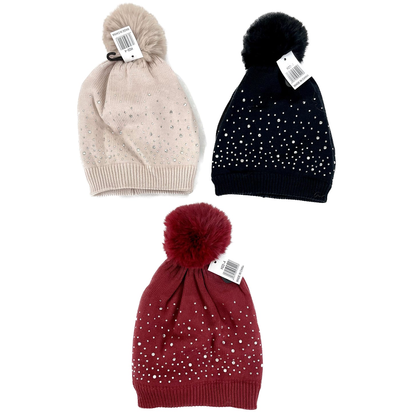 Pom Pom Rhinestone Decor Beanie H22-4. (12PC)