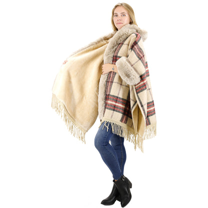 FAUX FUR PLAID PATTERN HOODIE SHAWL P3805 (3PC)