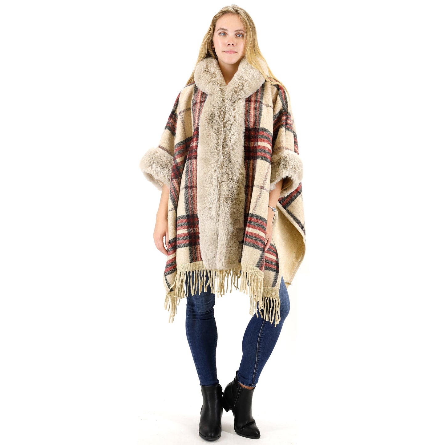 FAUX FUR PLAID PATTERN HOODIE SHAWL P3805 (3PC)