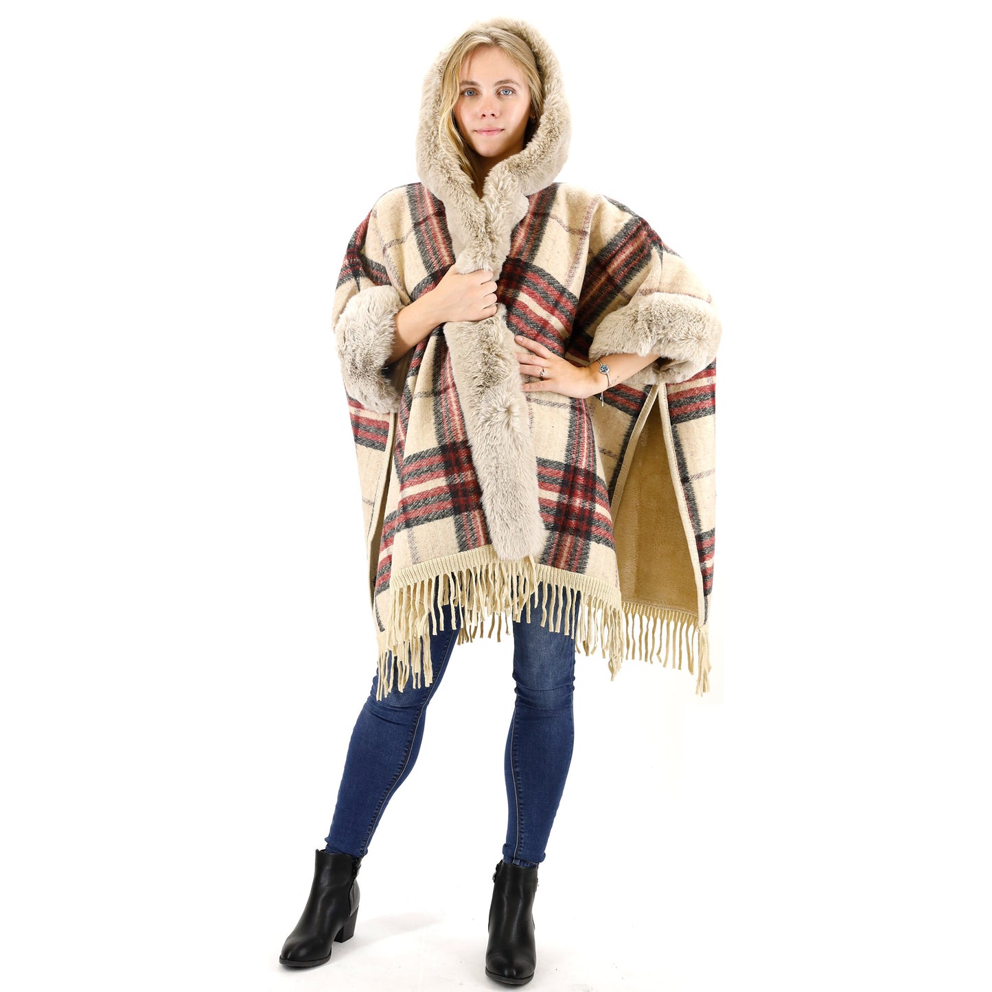 FAUX FUR PLAID PATTERN HOODIE SHAWL P3805 (3PC)