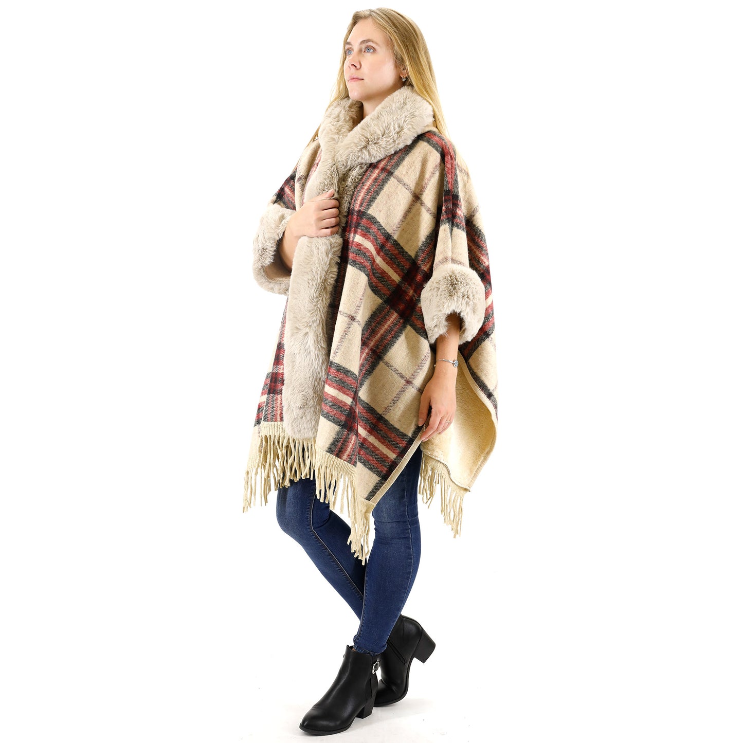 FAUX FUR PLAID PATTERN HOODIE SHAWL P3805 (3PC)