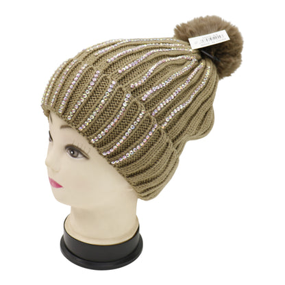 Pom Pom Rhinestone Decor Beanie H20-44. (12PC)