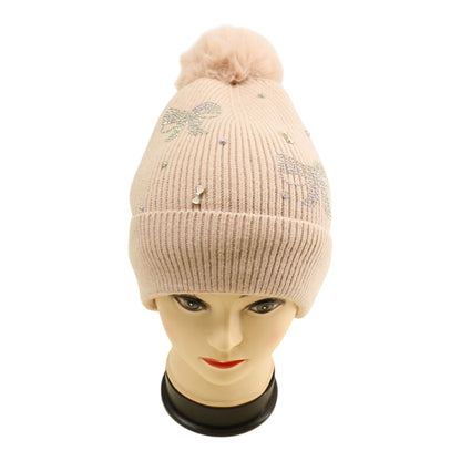 Pom Pom Knitted Beanie With Rhinestone H20-57 (12PC)