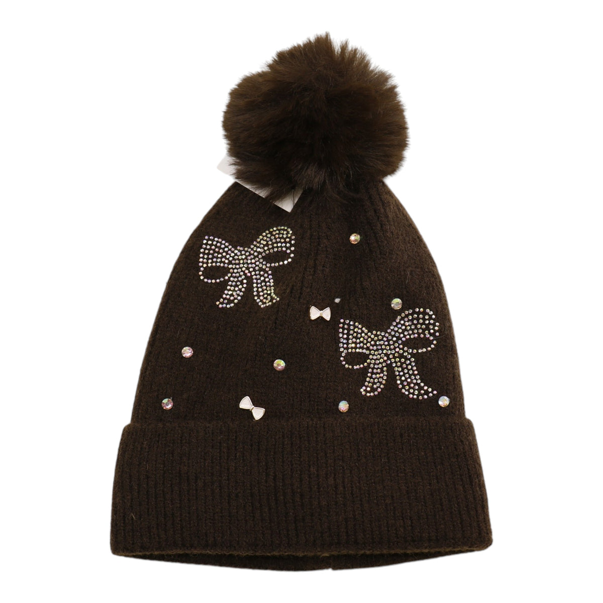 Pom Pom Knitted Beanie With Rhinestone H20-57 (12PC)