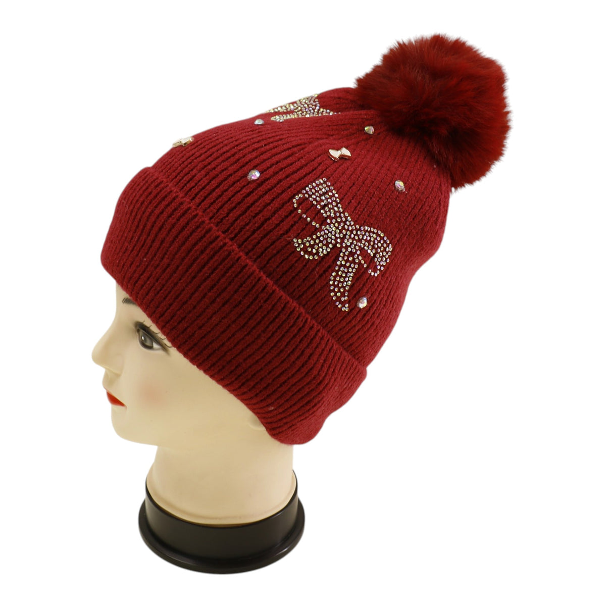 Pom Pom Knitted Beanie With Rhinestone H20-57 (12PC)