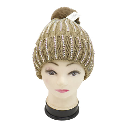 Pom Pom Rhinestone Decor Beanie H20-44. (12PC)