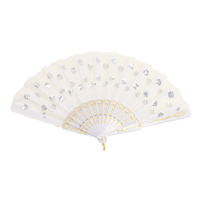 White Sequin Floral Folding Hand Fan FN2604 (12PC)