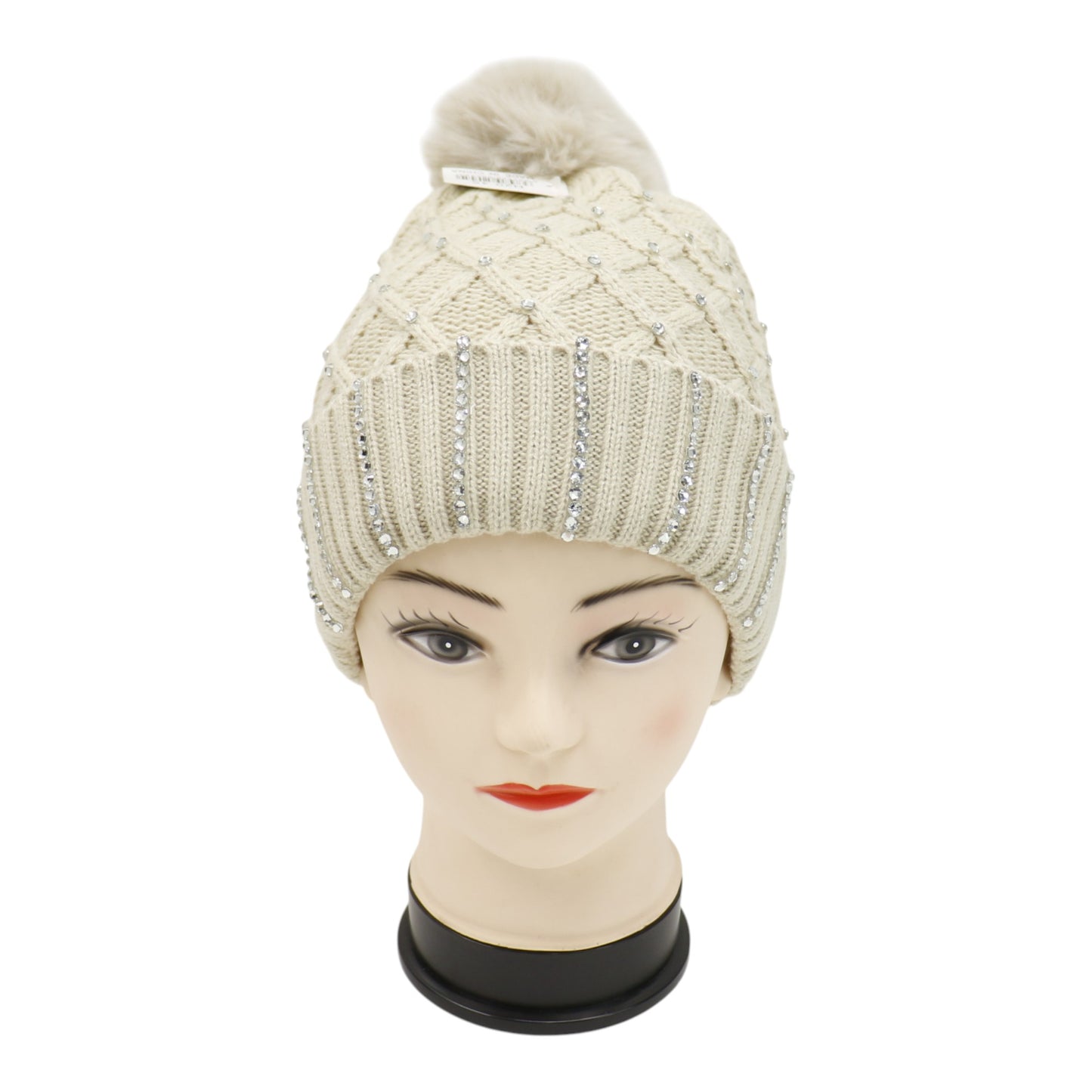 Pom Pom Rhinestone Decor Beanie H20-45. (12PC)