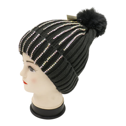 Pom Pom Rhinestone Decor Beanie H20-44. (12PC)