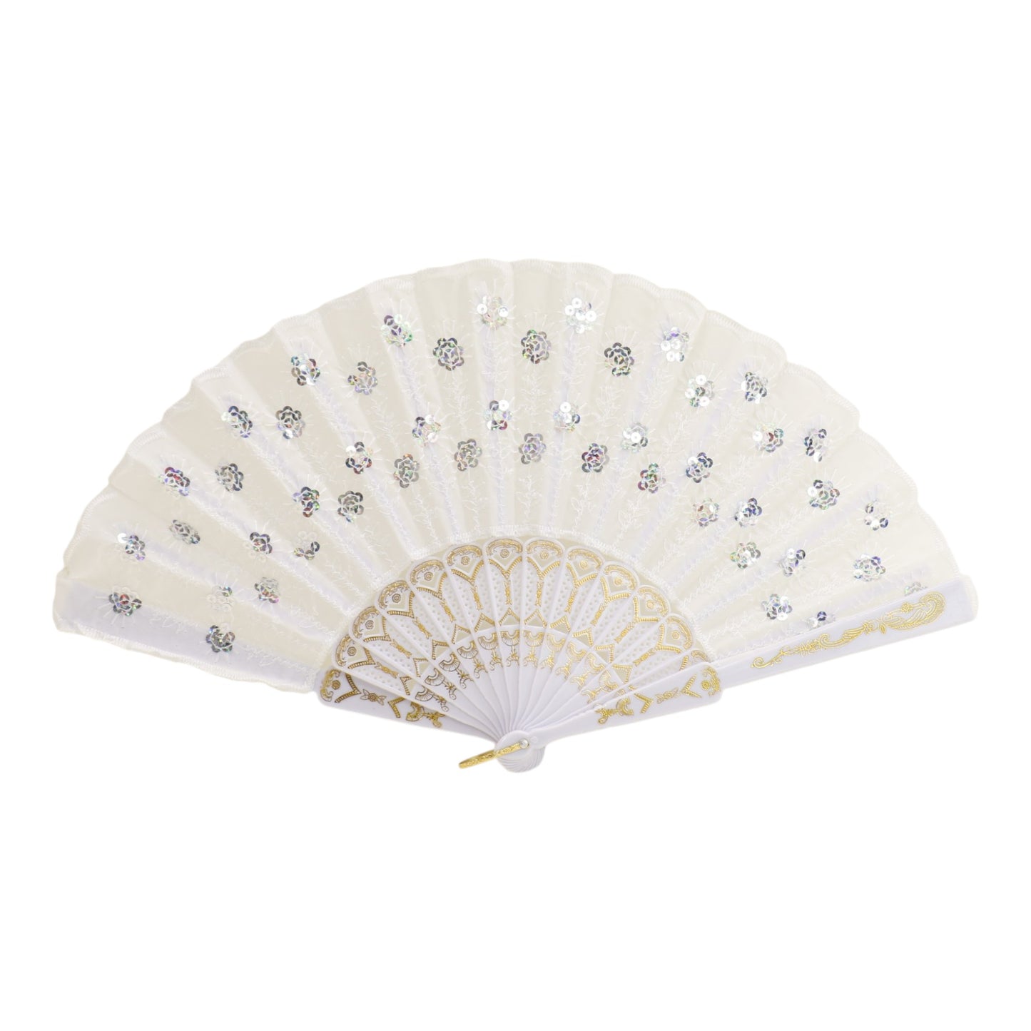 White Sequin Floral Folding Hand Fan FN2604 (12PC)