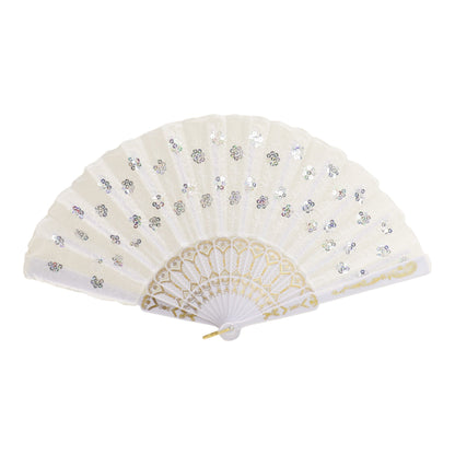 White Sequin Floral Folding Hand Fan FN2604 (12PC)