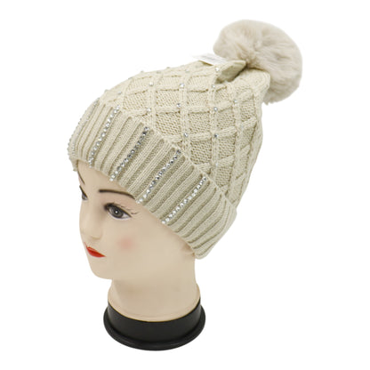 Pom Pom Rhinestone Decor Beanie H20-45. (12PC)
