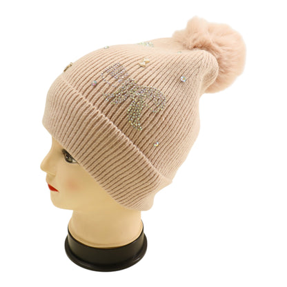 Pom Pom Knitted Beanie With Rhinestone H20-57 (12PC)